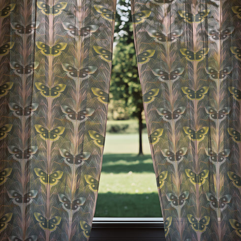 Sheer curtain panel featuring an alternating pattern of golden yellow and silver-gray moths arranged in vertical columns against a dusky background, with delicate rose-gold botanical details connecting each specimen.